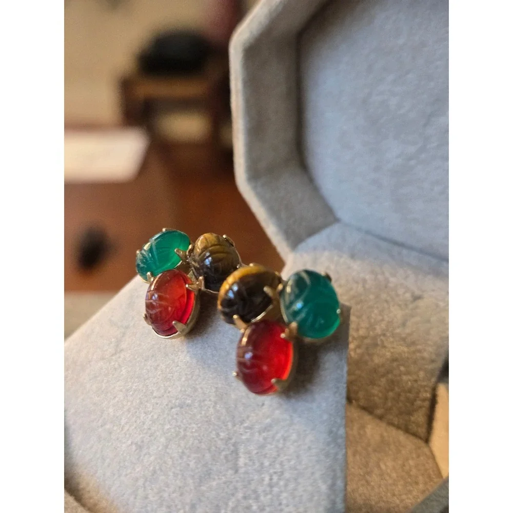 Egyptian Revival Goldfilled Scarab Earrings Semi-Precious Stones Vintage w/ Box